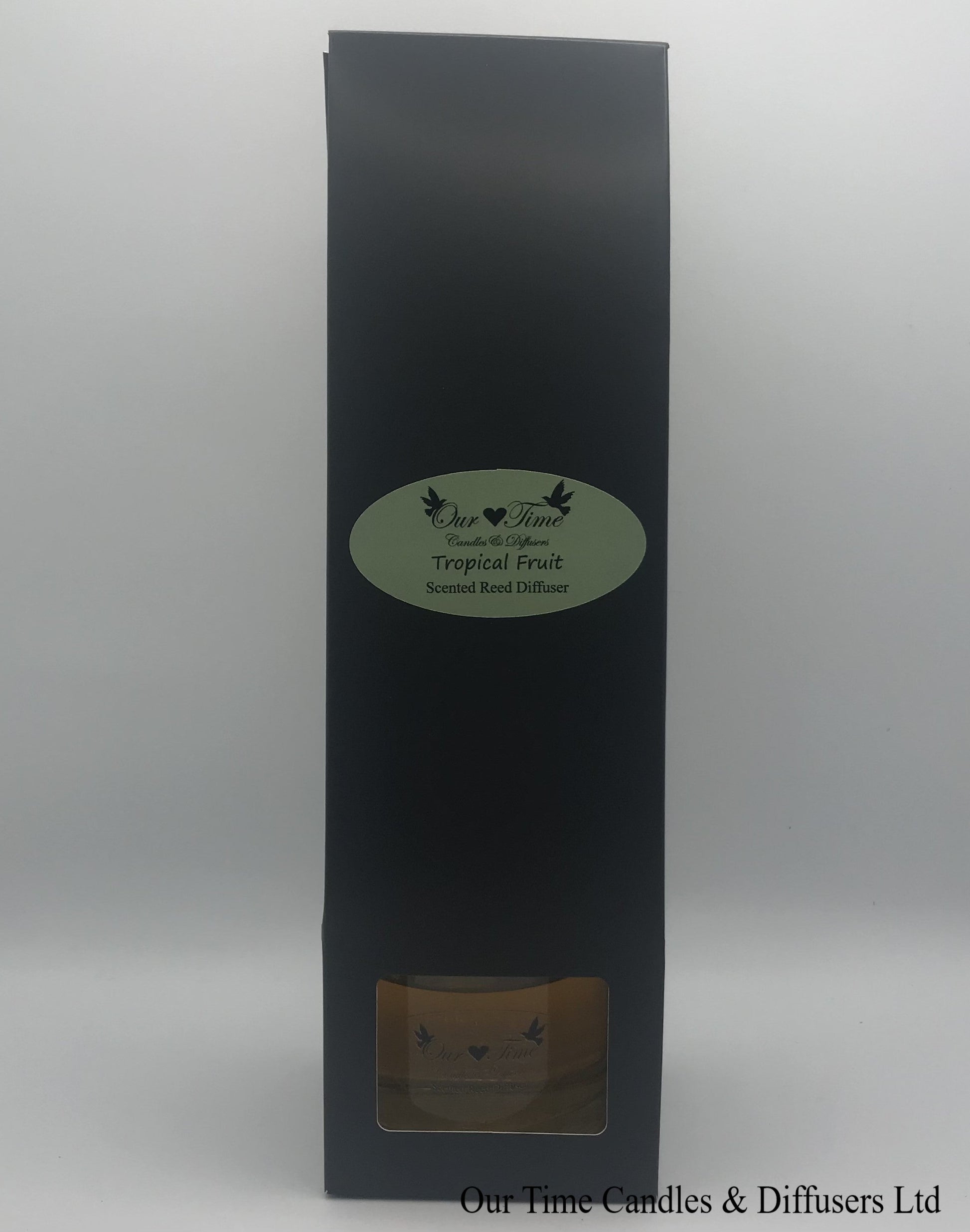 reed diffuser 100ml supplied in a clear bottle with black cap packed into a black box