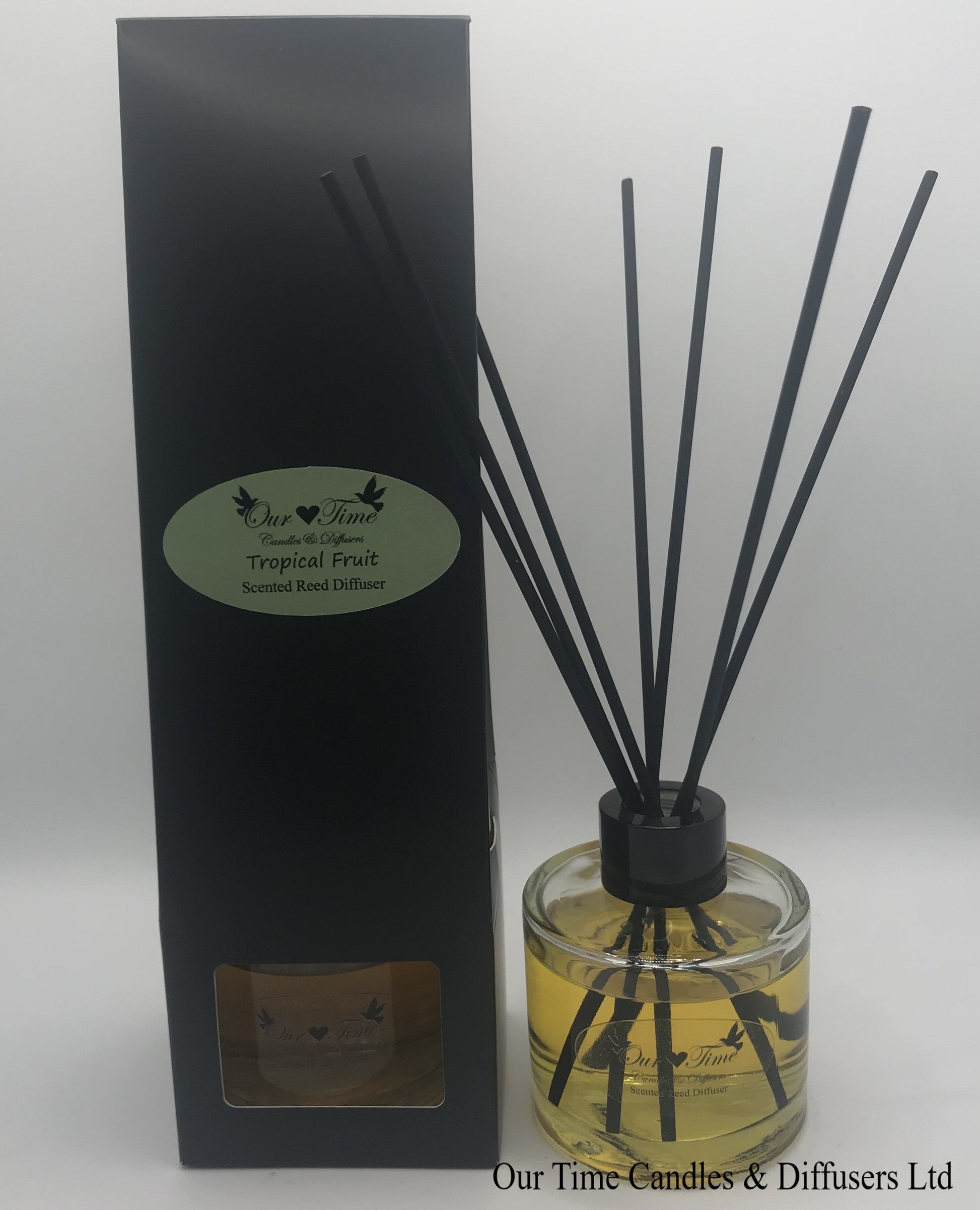 reed diffuser 100ml supplied in a clear bottle with black cap packed into a black box