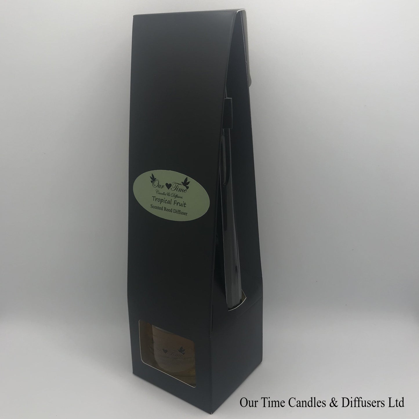 reed diffuser 100ml supplied in a clear bottle with black cap packed into a black box