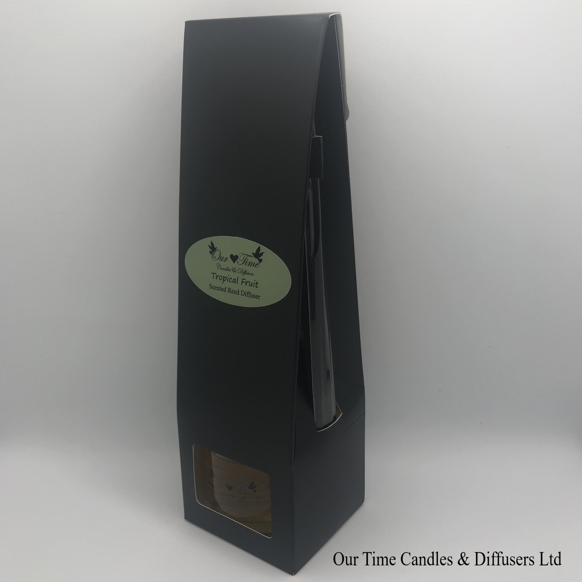 reed diffuser 100ml supplied in a clear bottle with black cap packed into a black box
