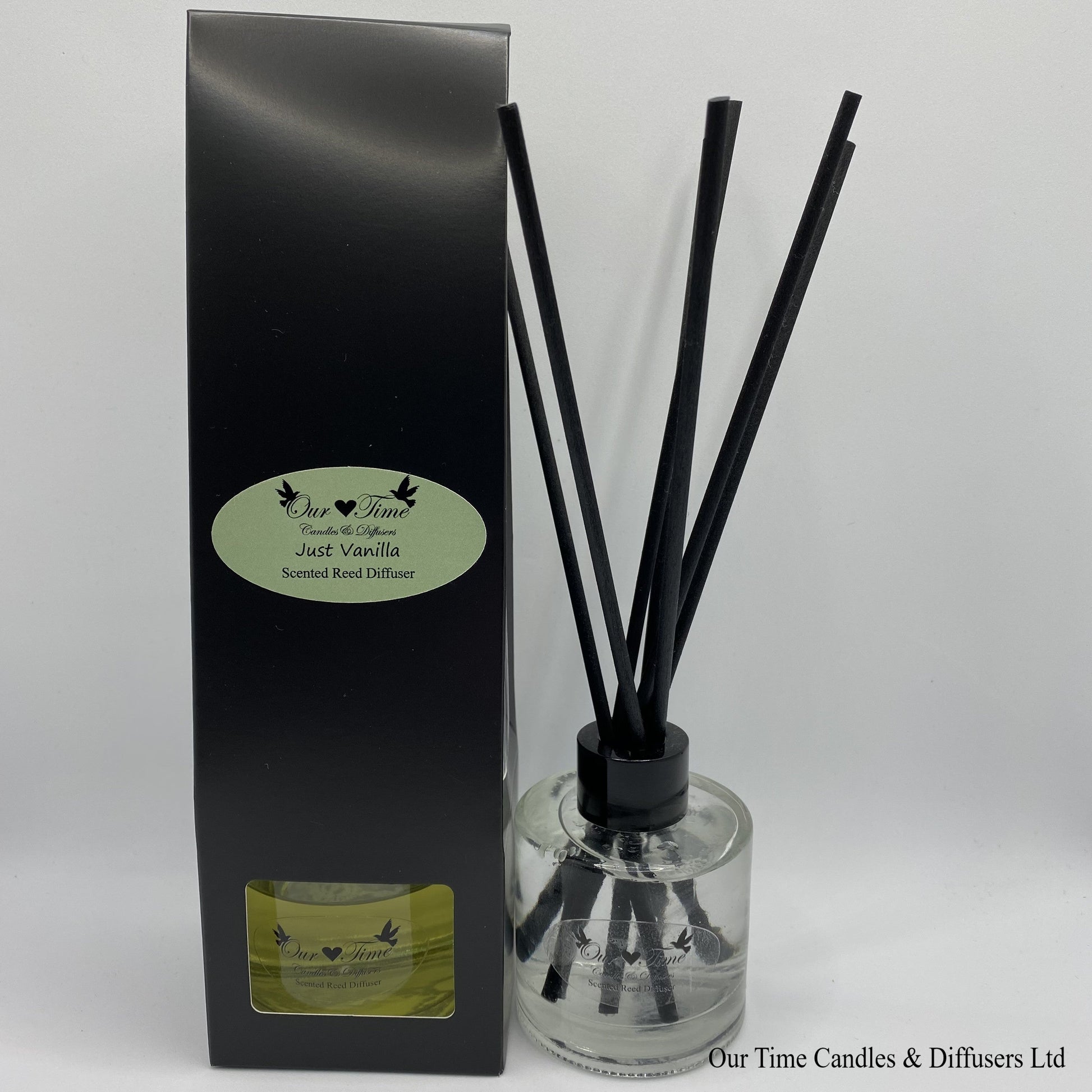 reed diffuser 100ml supplied in a clear bottle with black lid packed into a black box