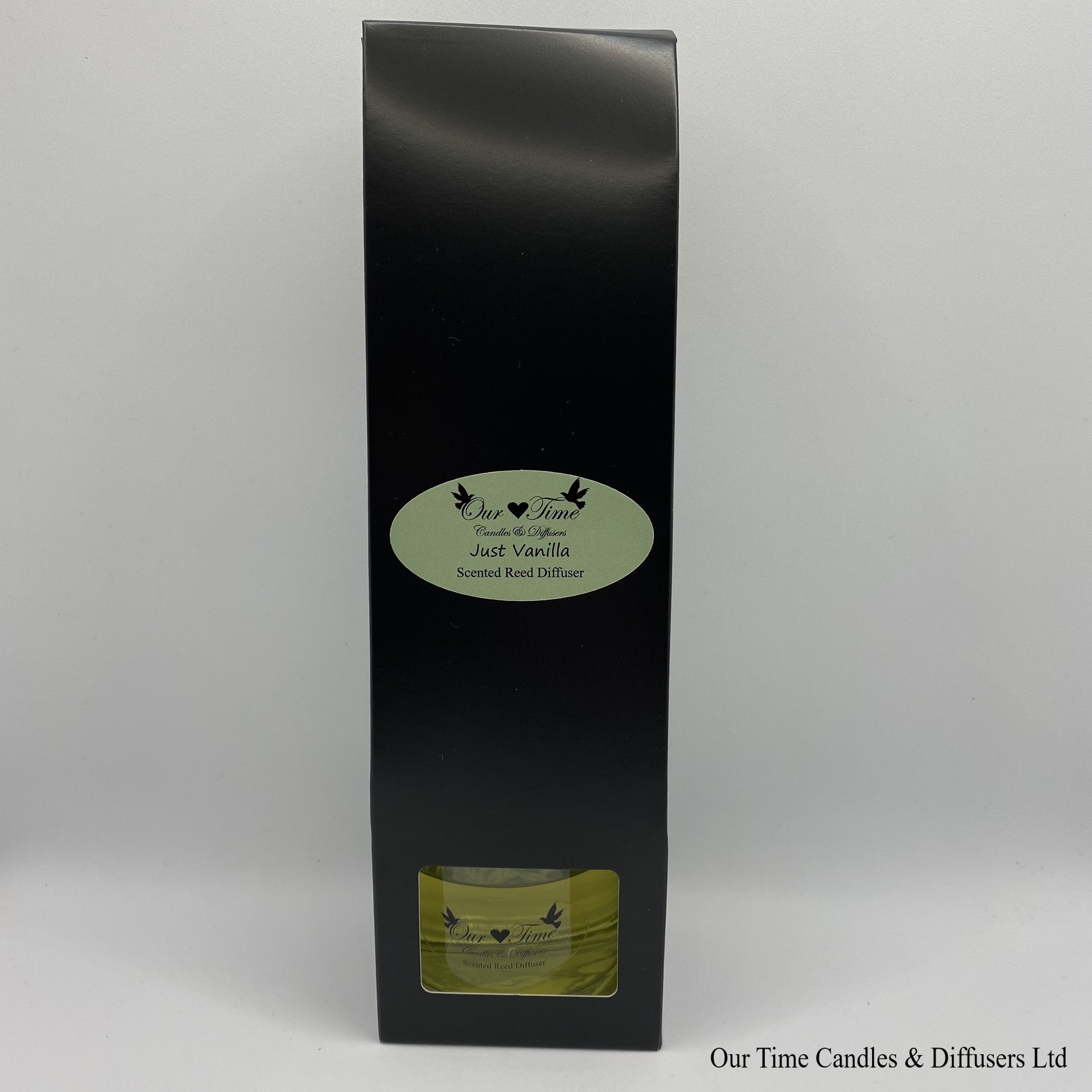 reed diffuser 100ml supplied in a clear bottle with black lid packed into a black box