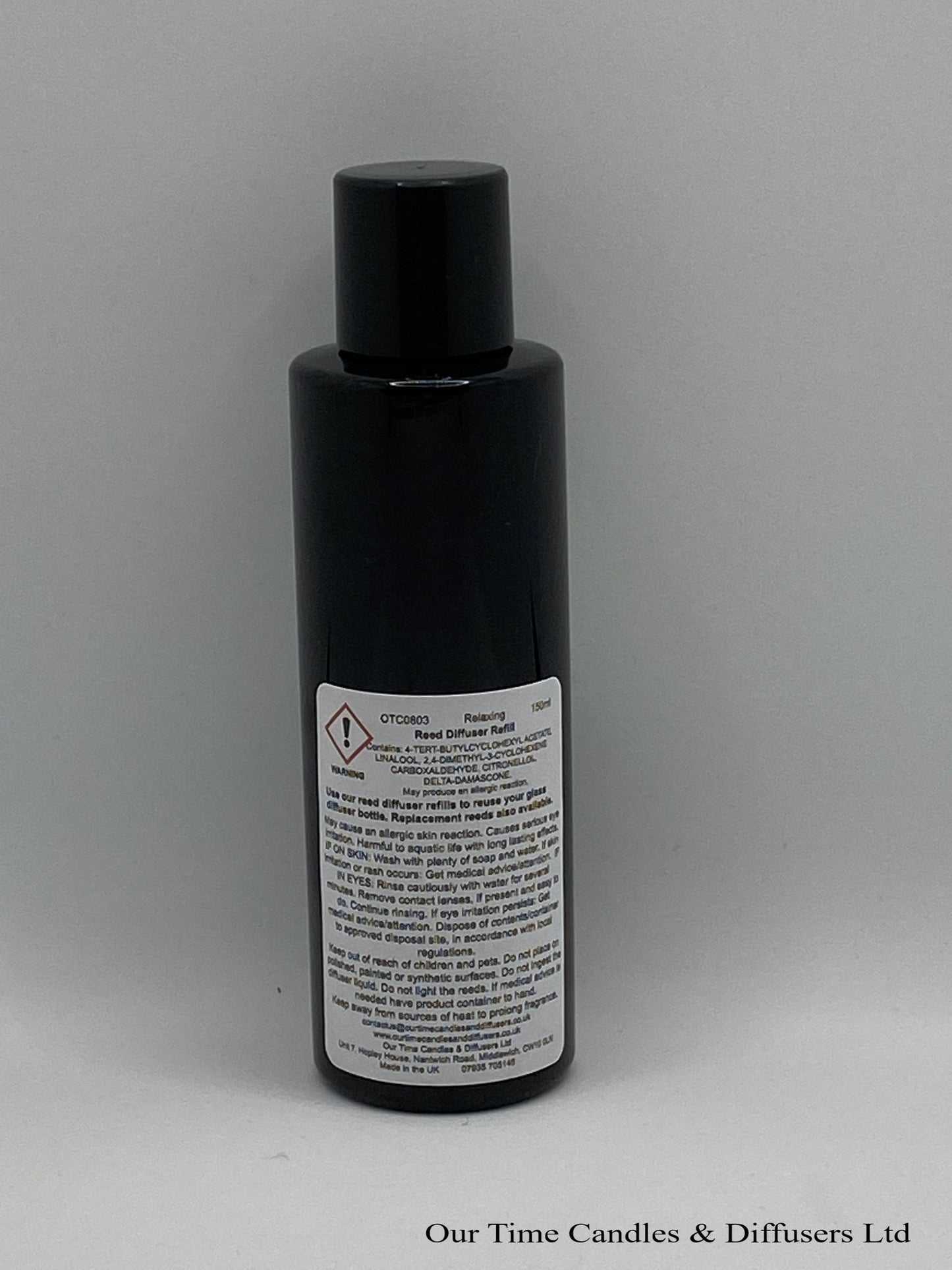 Reed Diffuser Refill 150ml in a black bottle with black screw cap